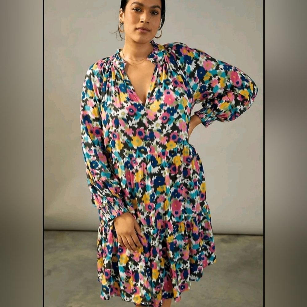 Ranna Gill Kayta Ruffle Floral Tunic Dress 100% rayon size XL